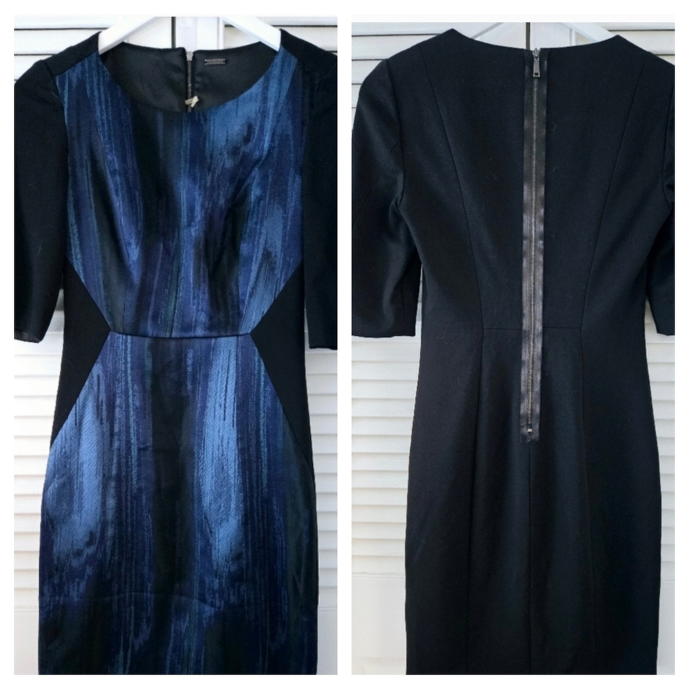 Elie Tahari Blue Metallic Watercolor Sheath Dress Size 0 - Picture 2 of 10